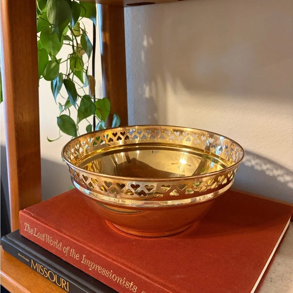 Vintage Brass Bowl Planter Pot with Heart Cutouts - Picture 3 of 10